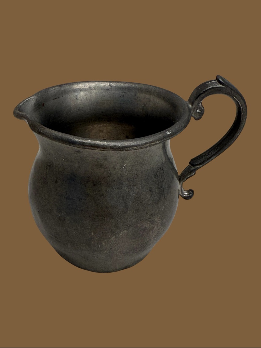 Vintage Pewter Creamer Pitcher Colonial Style Scroll Handle